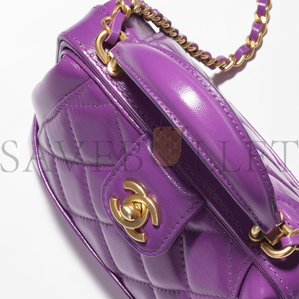 Ch*el master tophandle mini bag shiny lambskin and gold metallic purple as4958 (18*12*7cm)